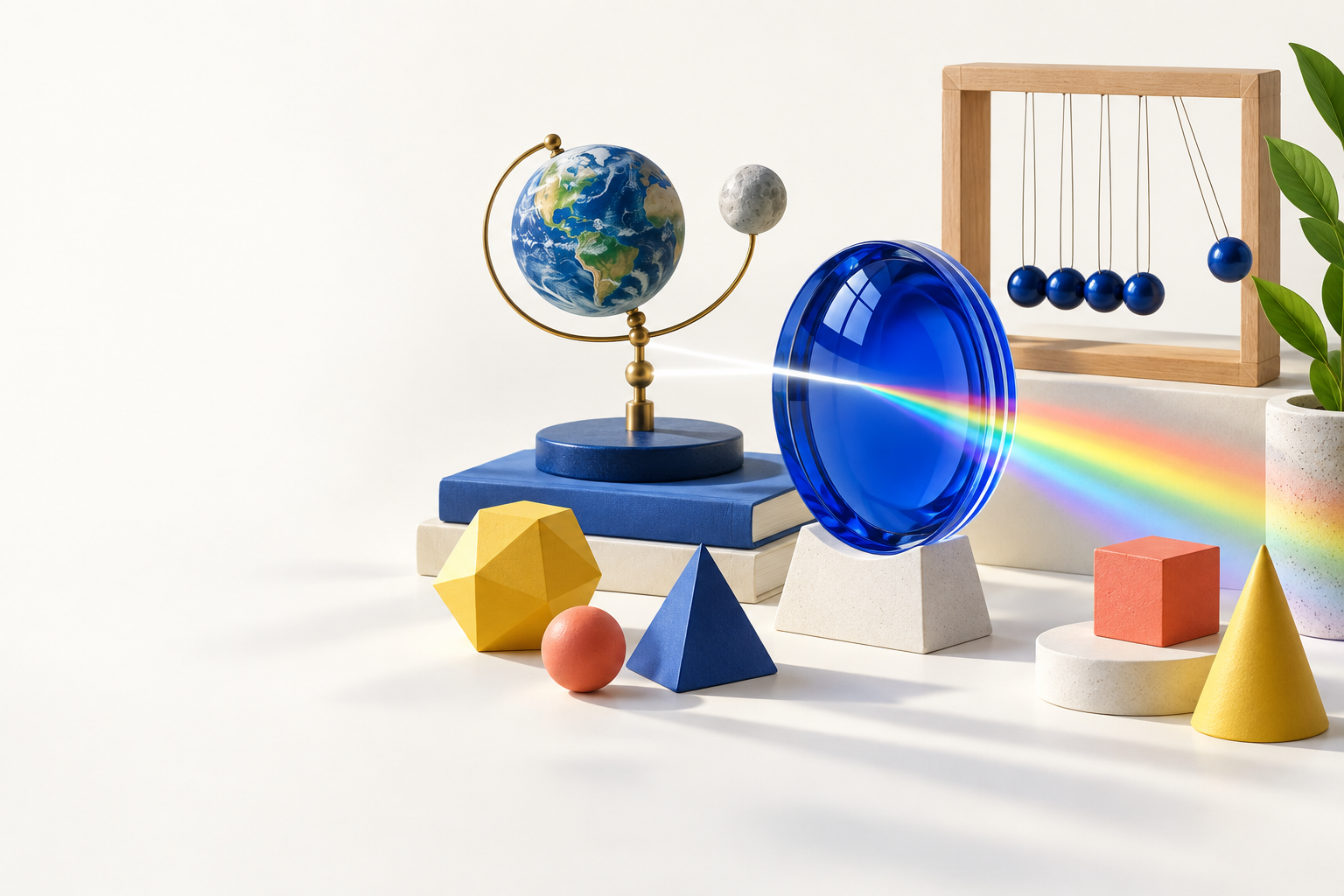 A playful science collection of an orbital model, a blue glass lens, pendulums, and geometric shapes.